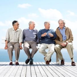 Senior men talking on bench