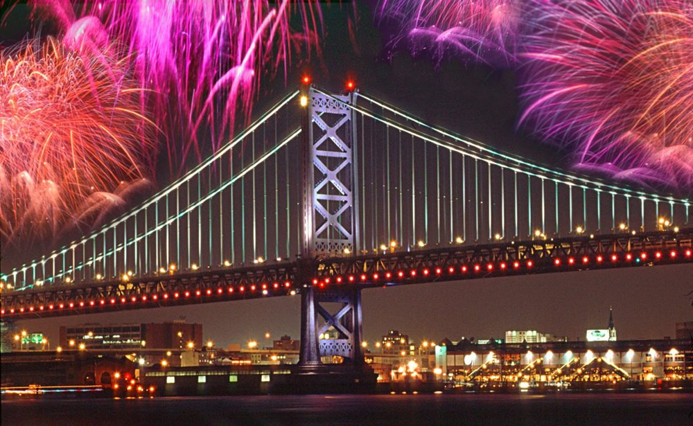 Fireworks over a bridge