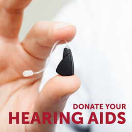 picture of a hearing aid with text that says "donate your hearing aid"