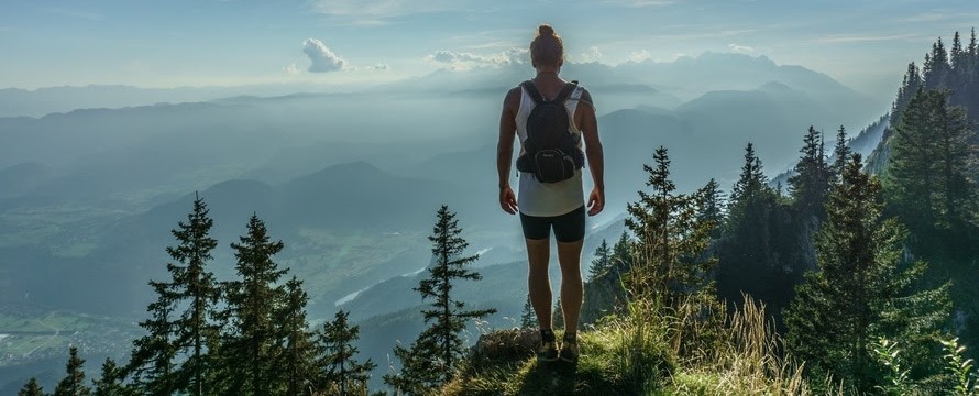 person at the top of a hike looking at the view