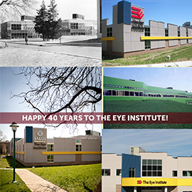 Photo collage of TEI with text that says "happy 40 years to The Eye Institute" 